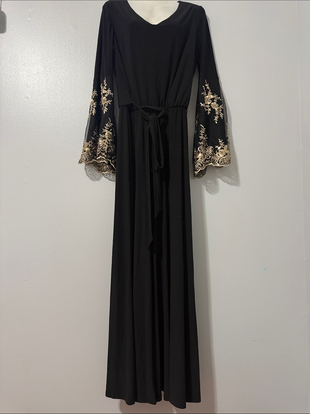 MSK Black Romper with Gold Embroidered Bell Sleeves